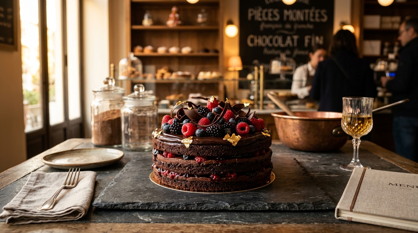 Bolo de chocolate com morangos em destaque